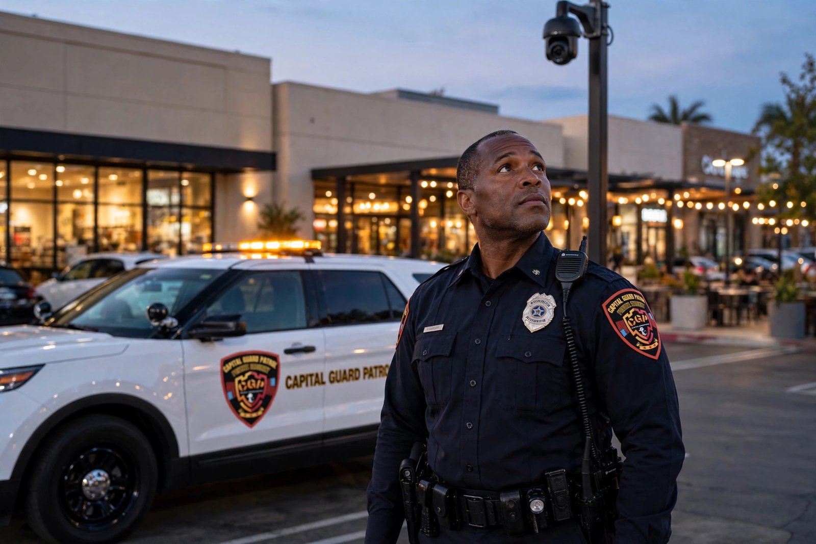 AI security guards vs human security guards — Capital Guard Patrol officer on duty at a California shopping center.