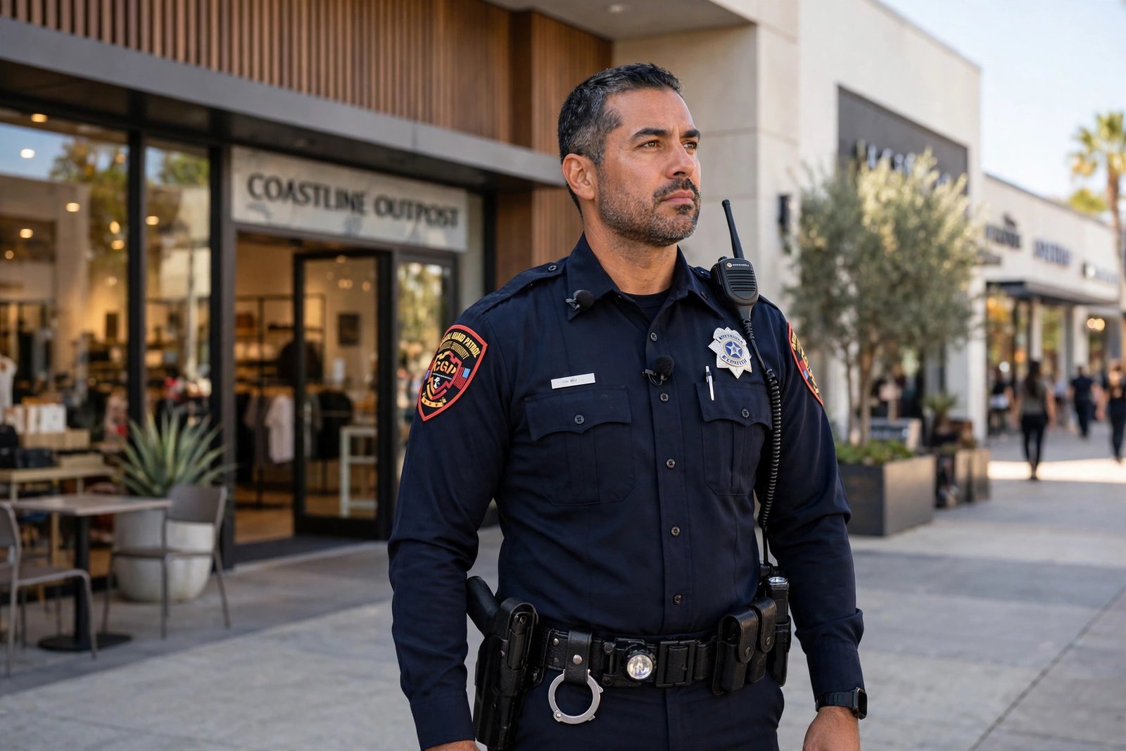 Armed security guard providing armed security guard services at a California retail store
