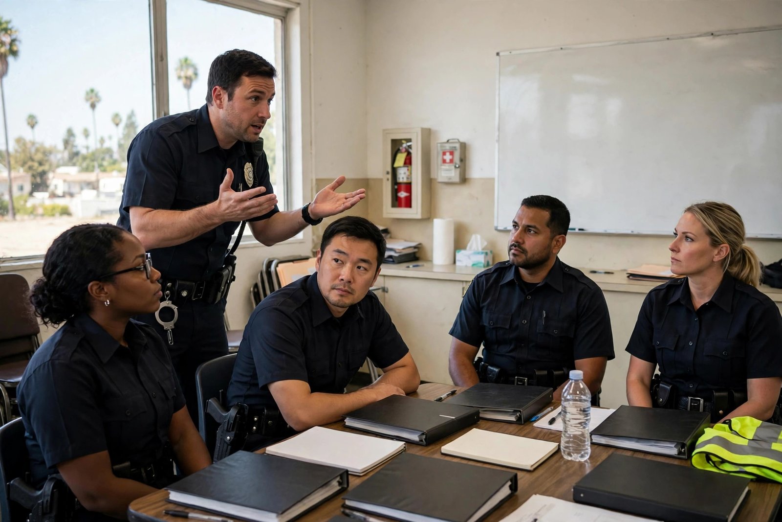 California security guard training requirements — guards in a de-escalation training session after SB 1203