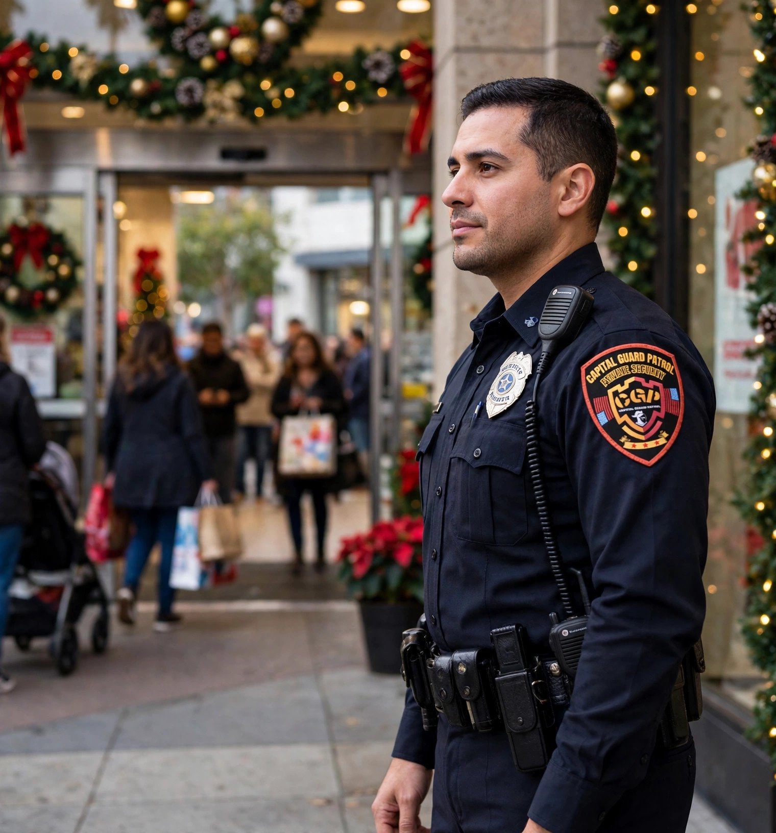 Security guard providing holiday retail theft prevention at a California retail store