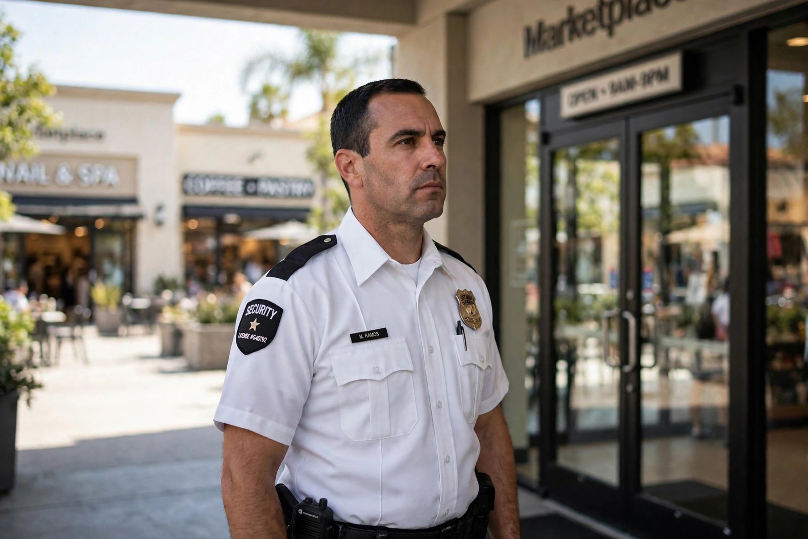 Uniformed security guard providing organized retail crime prevention at a California retail store