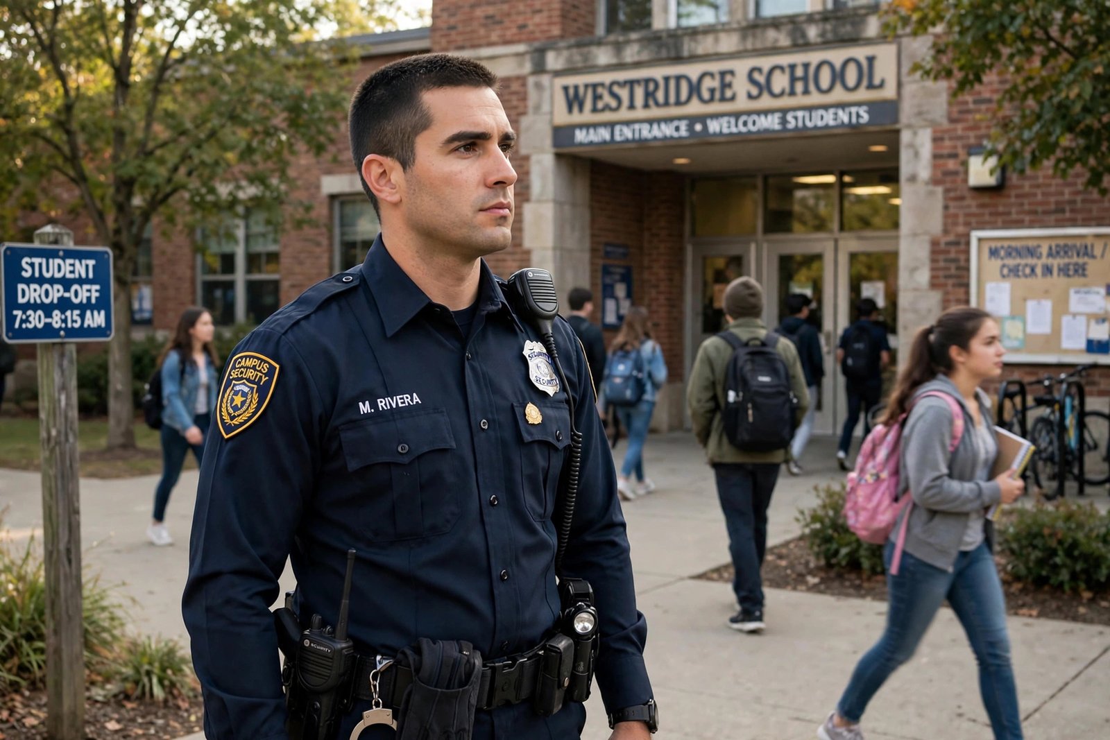 Uniformed school campus security guards standing watch at a school entrance in California