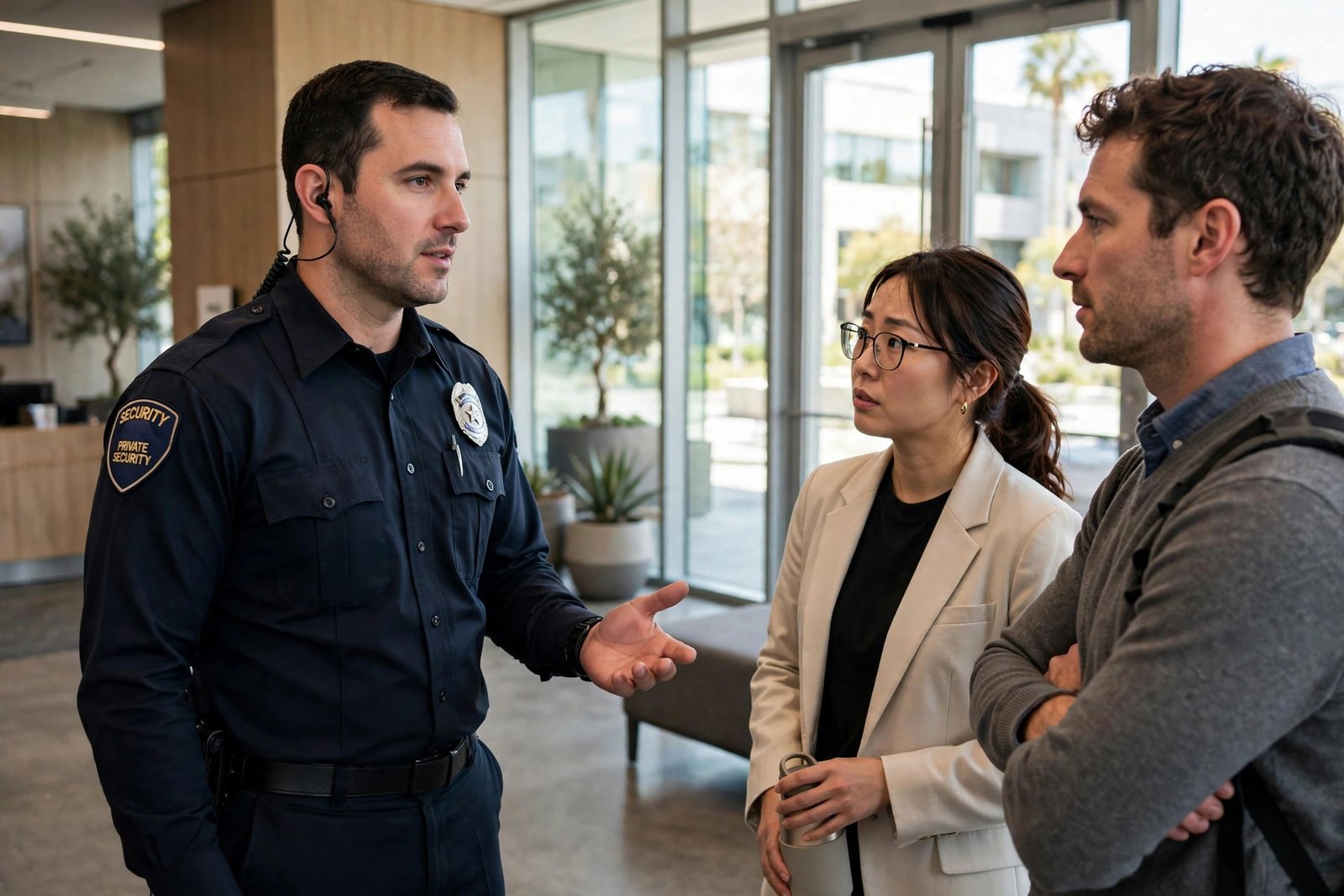 Security guard providing workplace violence prevention services at a California office building